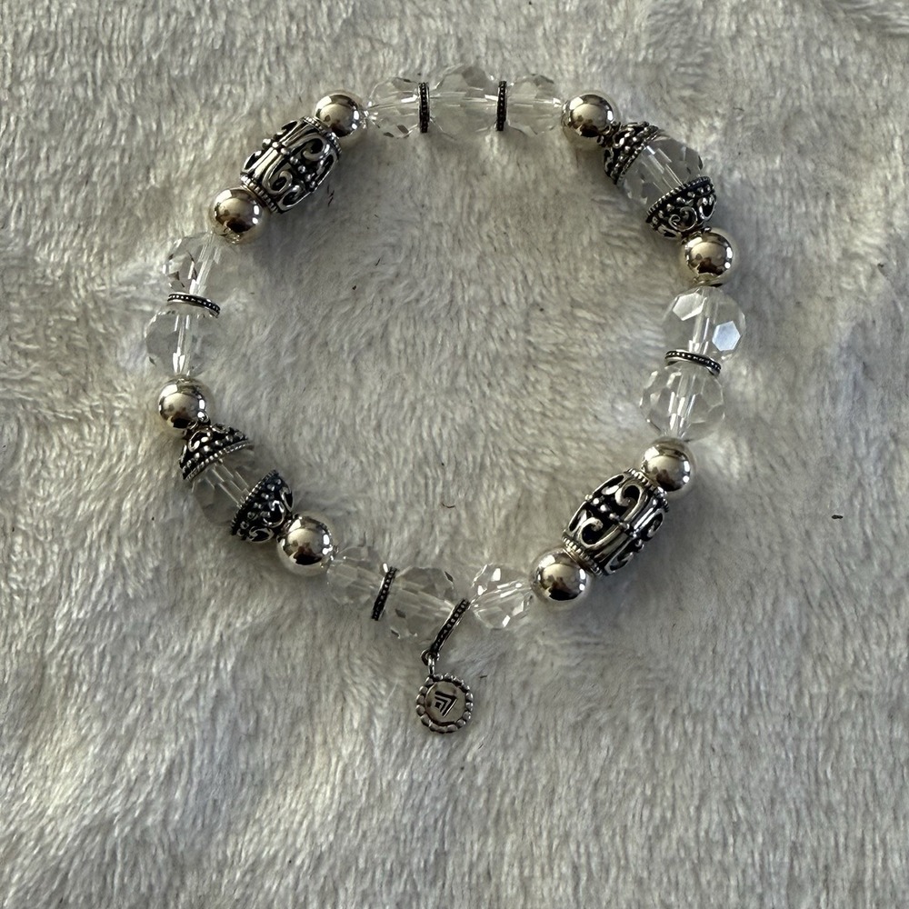 Signed Designer Clear Crystal Beaded Stretch Bracelet Silver Tone Filigree